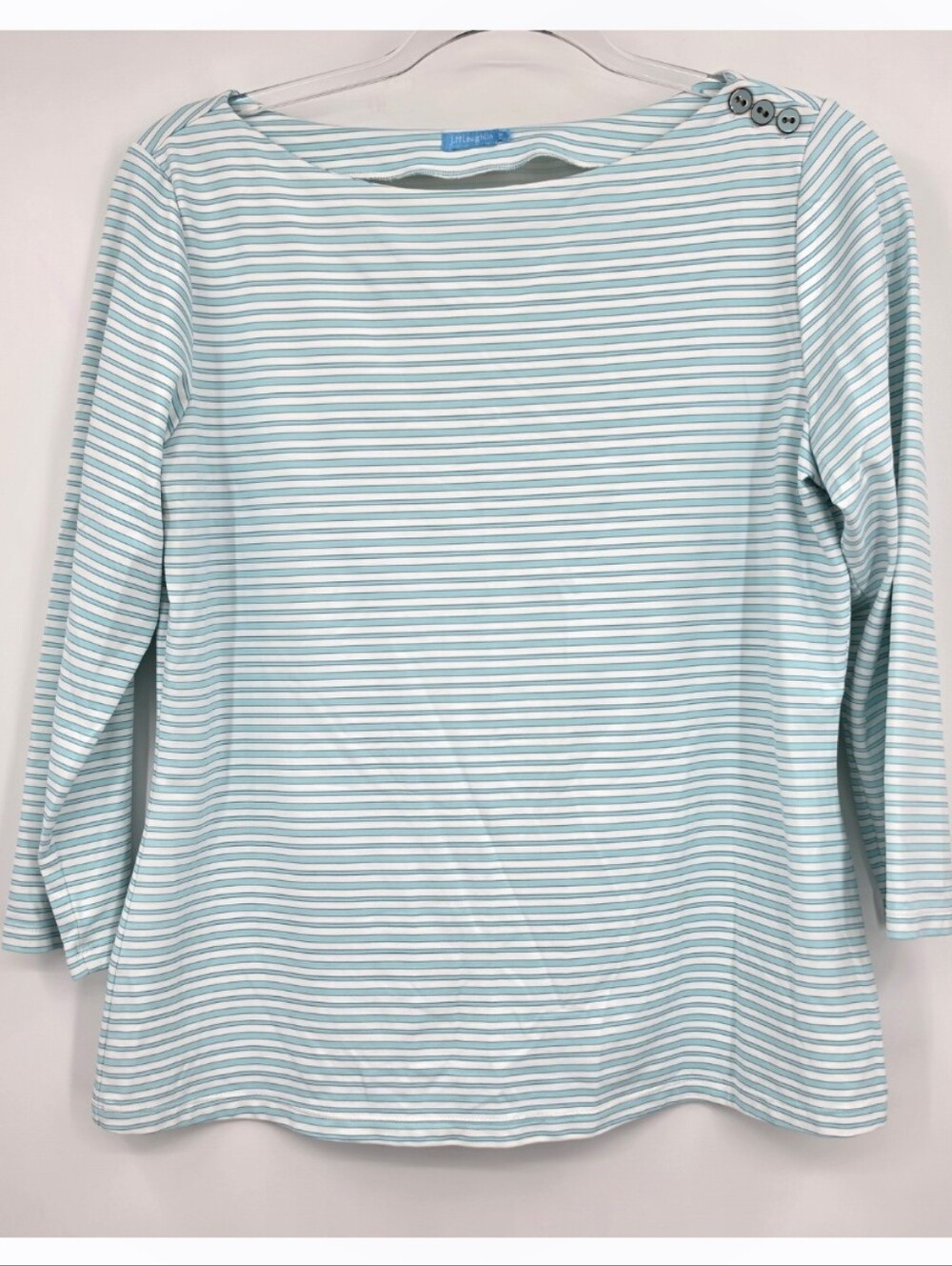 J McLaughlin Wavesong Tee Catalina Cloth Medium Blue White Stripe 3/4 Sleeve
